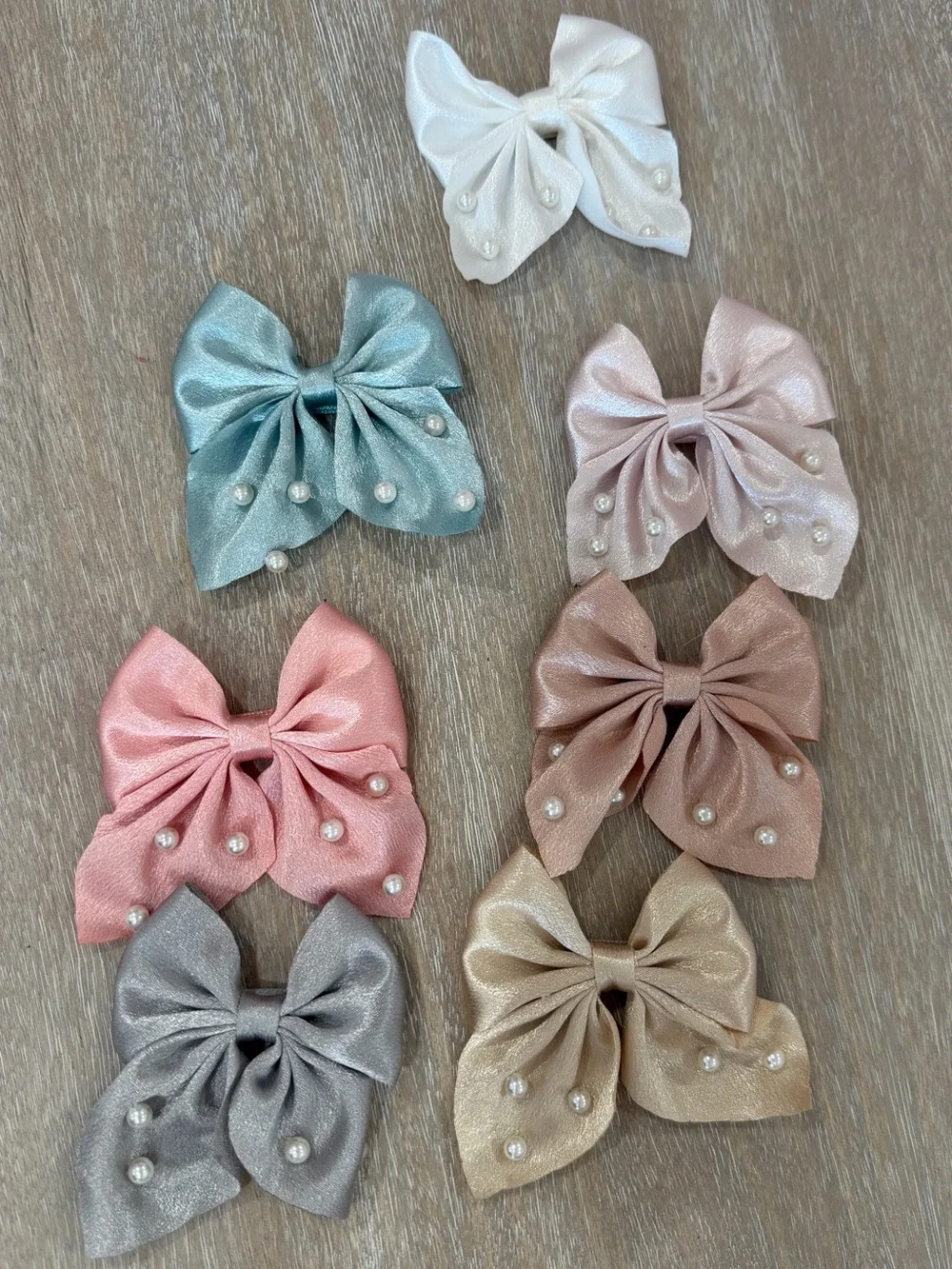 Pearl-Embellished Satin Hair Bows - Set of 7